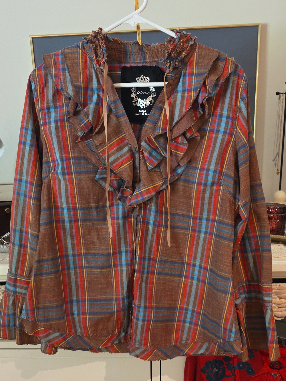 Cino Frayed Ruffle Fringe Plaid Button-Up Shirt Brown Red Blue Large Cotton
